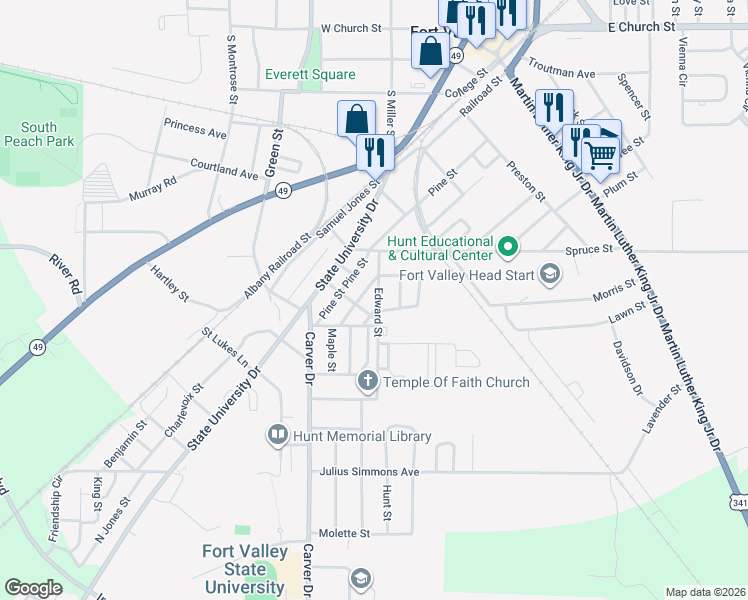 map of restaurants, bars, coffee shops, grocery stores, and more near 908 Edward Street in Fort Valley