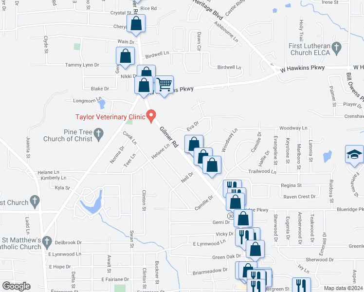 map of restaurants, bars, coffee shops, grocery stores, and more near 3200 Gilmer Road in Longview