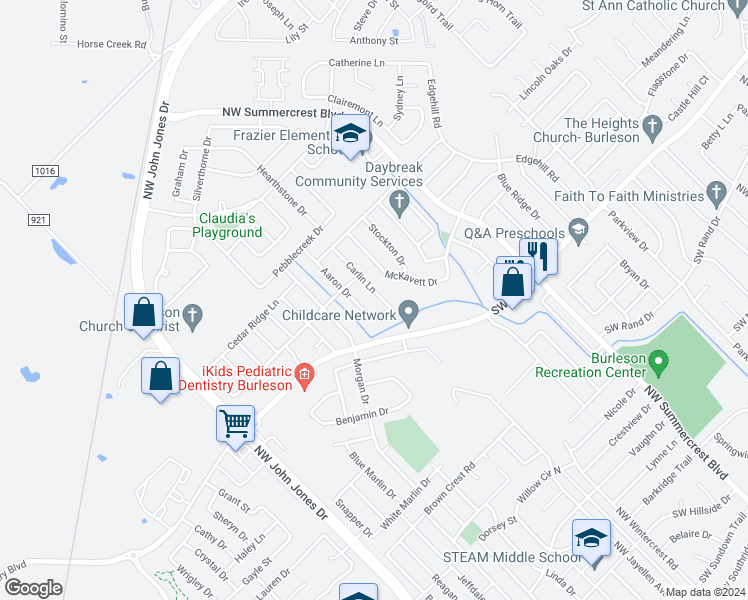 map of restaurants, bars, coffee shops, grocery stores, and more near 937 Carlin Lane in Burleson
