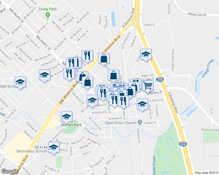 map of restaurants, bars, coffee shops, grocery stores, and more near 138 West King Street in Burleson