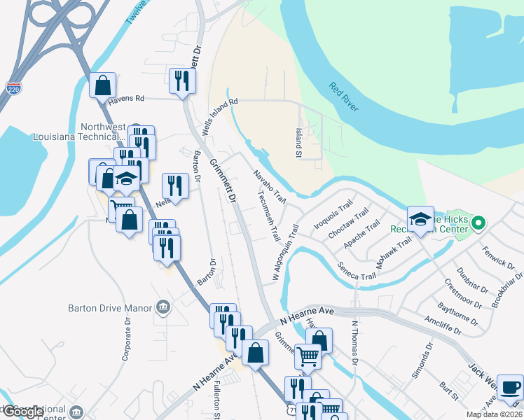 map of restaurants, bars, coffee shops, grocery stores, and more near 753 Tecumseh Trail in Shreveport