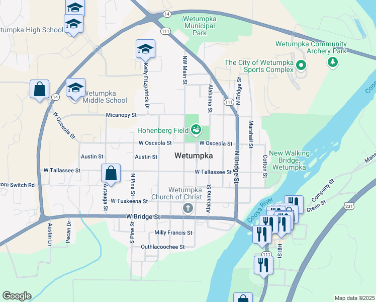 map of restaurants, bars, coffee shops, grocery stores, and more near 504 Northwest Main Street in Wetumpka