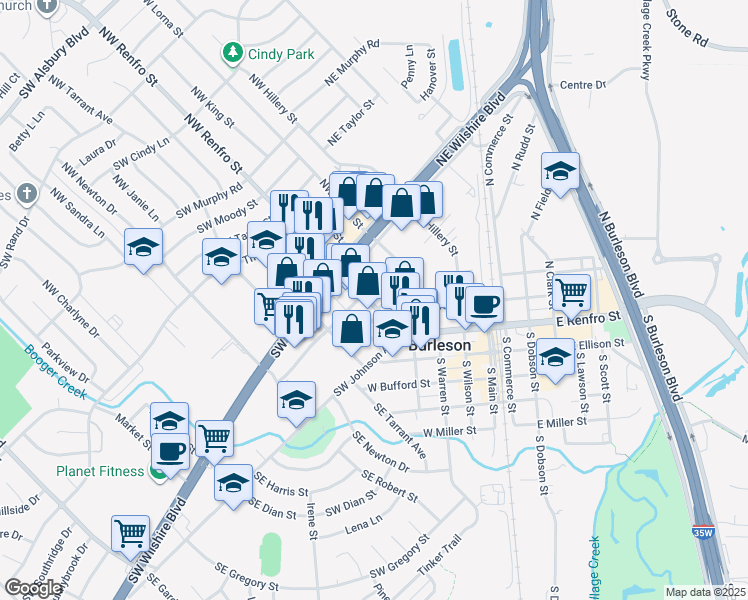 map of restaurants, bars, coffee shops, grocery stores, and more near 140 Northwest Renfro Street in Burleson
