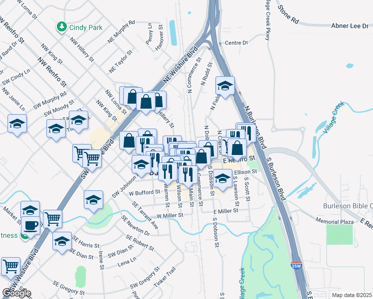 map of restaurants, bars, coffee shops, grocery stores, and more near 113 West King Street in Burleson