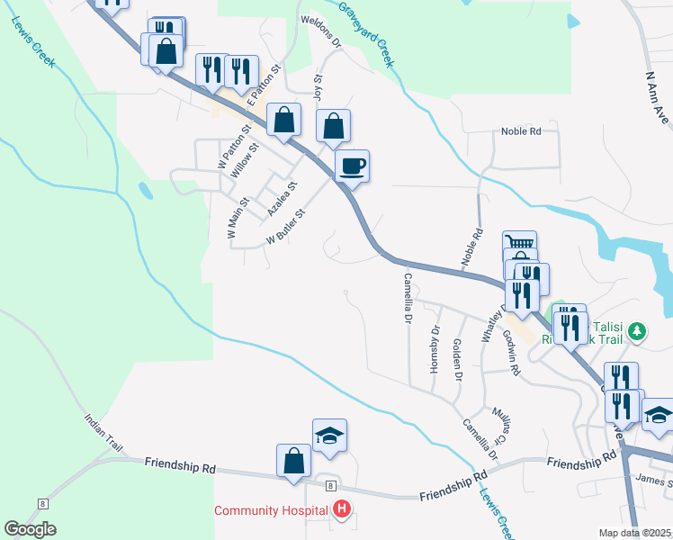 map of restaurants, bars, coffee shops, grocery stores, and more near 615 Hudson Place in Tallassee