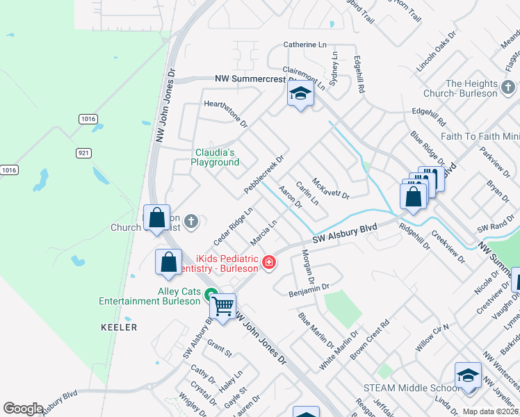 map of restaurants, bars, coffee shops, grocery stores, and more near 1016 Micah Road in Burleson