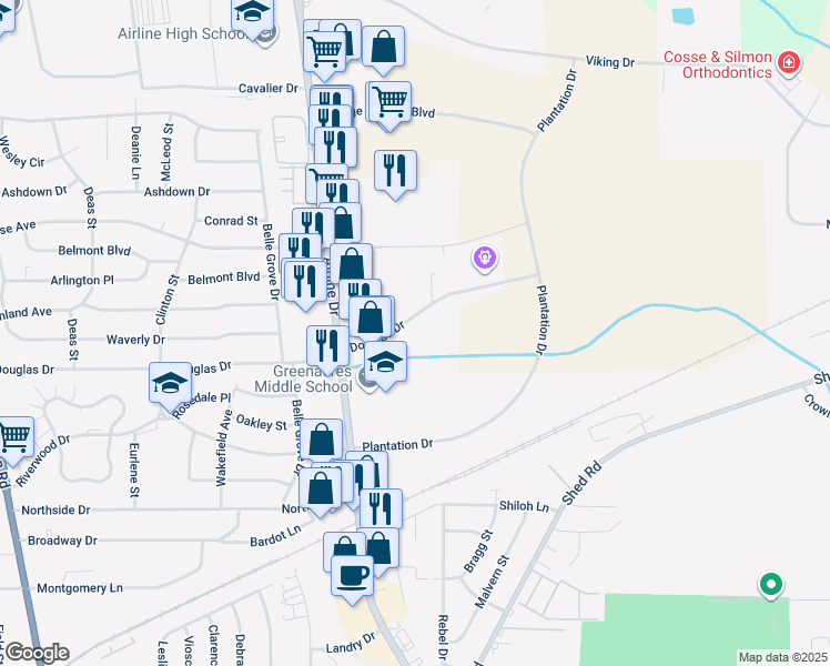 map of restaurants, bars, coffee shops, grocery stores, and more near 2890 Douglas Drive in Bossier City