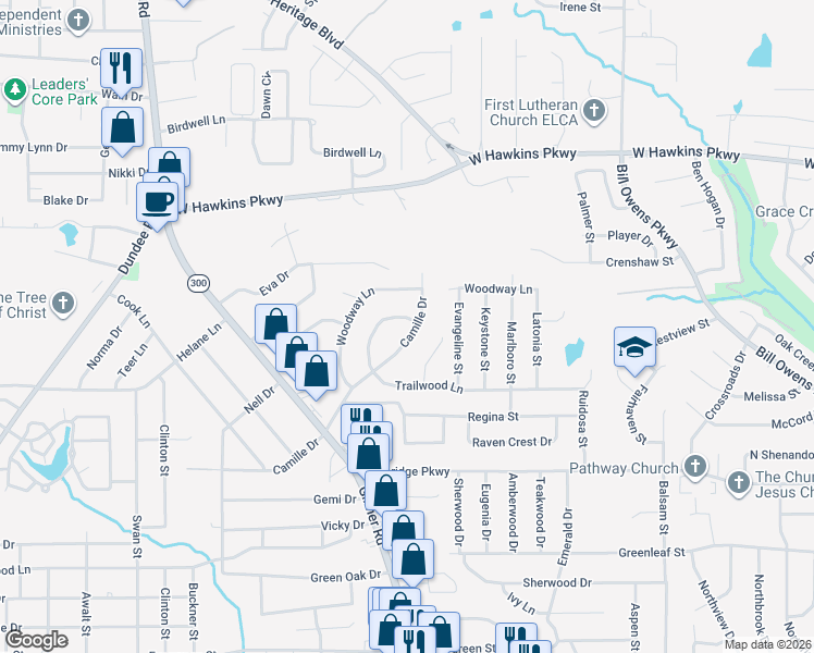 map of restaurants, bars, coffee shops, grocery stores, and more near 1013 Camille Dr in Longview