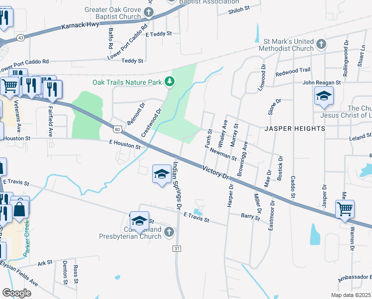 map of restaurants, bars, coffee shops, grocery stores, and more near Indian Springs Dr in Marshall