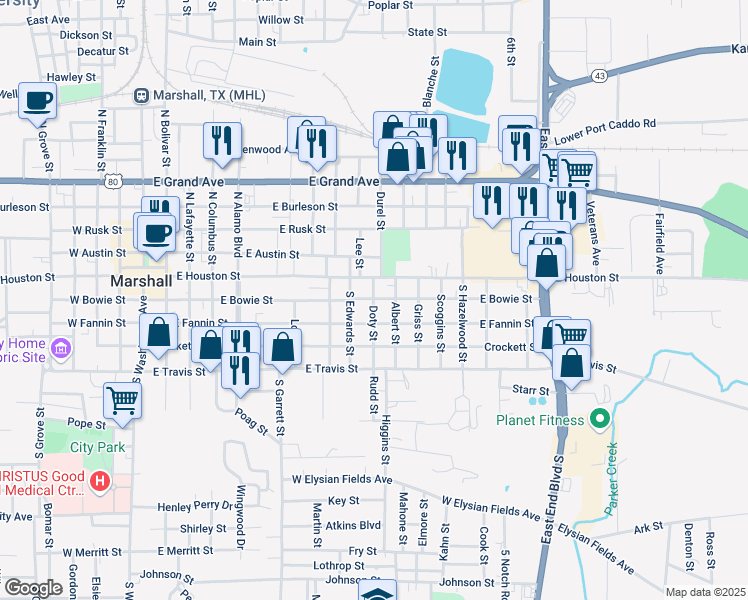 map of restaurants, bars, coffee shops, grocery stores, and more near 1102 East Bowie Street in Marshall