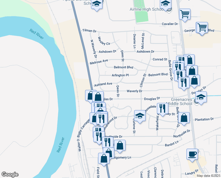 map of restaurants, bars, coffee shops, grocery stores, and more near 2313 Waverly Dr in Bossier City