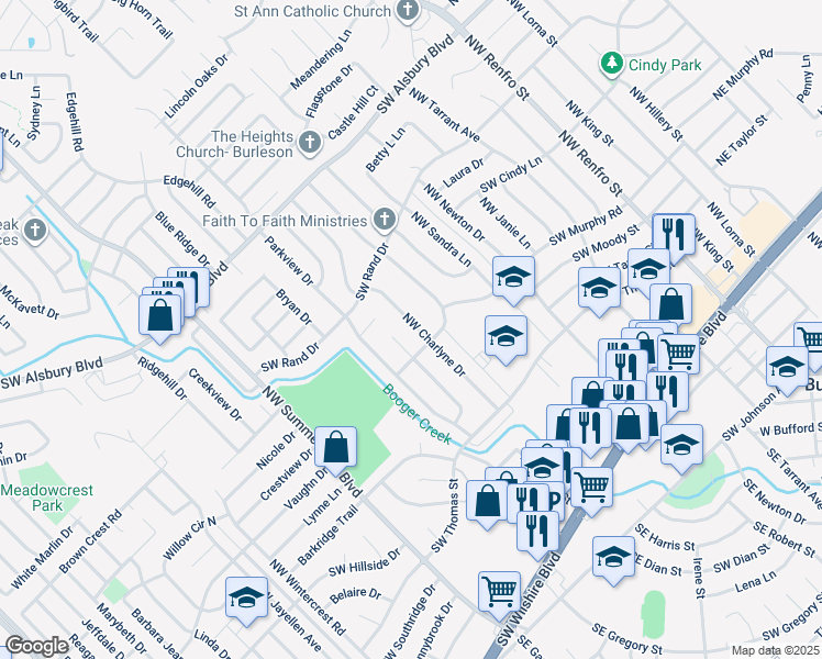 map of restaurants, bars, coffee shops, grocery stores, and more near 513 Northwest Charlyne Drive in Burleson