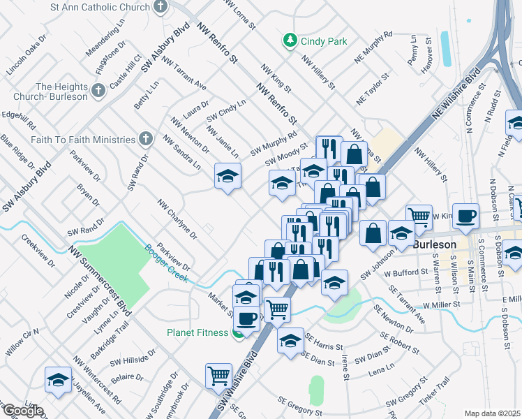 map of restaurants, bars, coffee shops, grocery stores, and more near 301 Southwest Thomas Street in Burleson