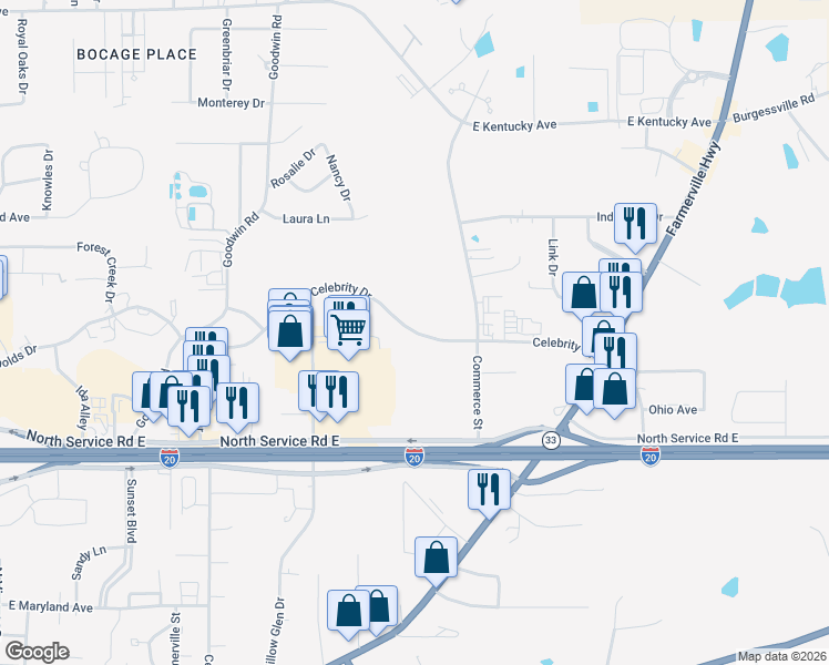 map of restaurants, bars, coffee shops, grocery stores, and more near Celebrity Drive in Ruston