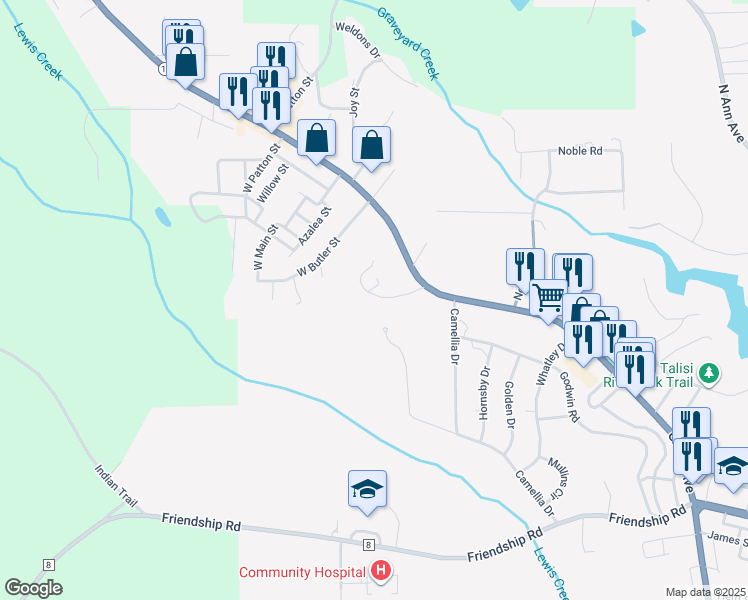 map of restaurants, bars, coffee shops, grocery stores, and more near 615 Hudson Place in Tallassee