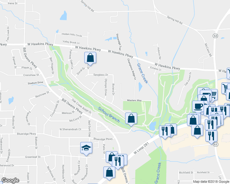 map of restaurants, bars, coffee shops, grocery stores, and more near 1612 Riviera Drive in Longview