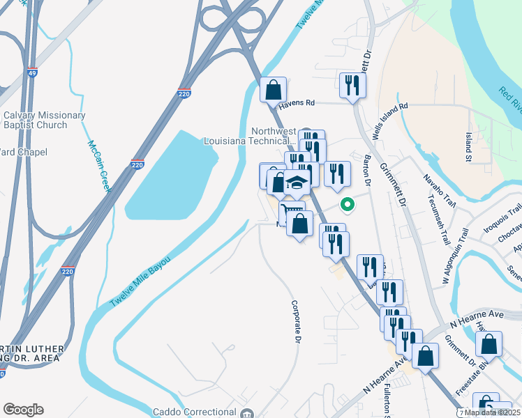 map of restaurants, bars, coffee shops, grocery stores, and more near 3101 Kitty Lane in Shreveport