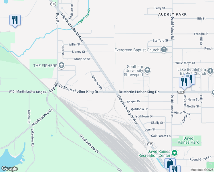 map of restaurants, bars, coffee shops, grocery stores, and more near 4715 Hilry Huckaby III Avenue in Shreveport