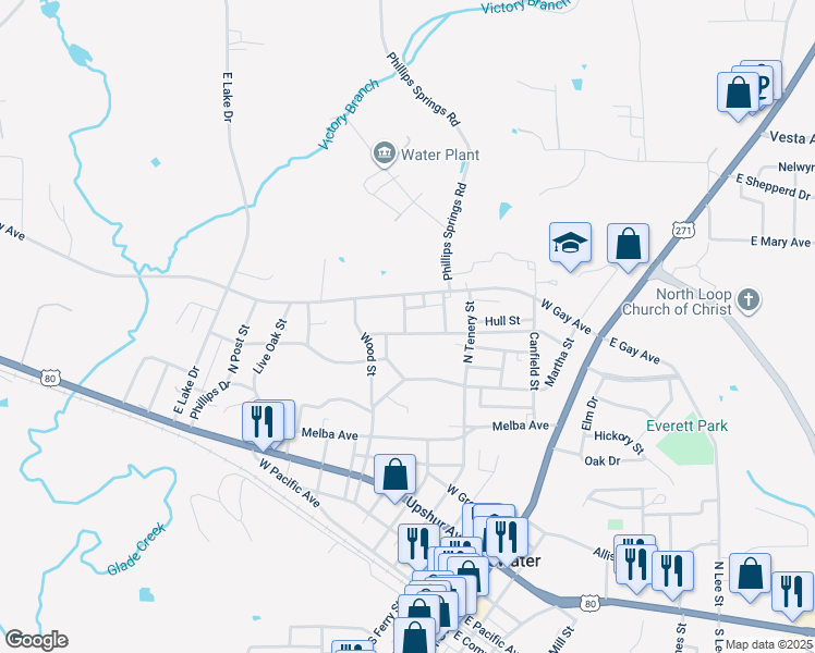 map of restaurants, bars, coffee shops, grocery stores, and more near 503 Jeanette Avenue in Gladewater
