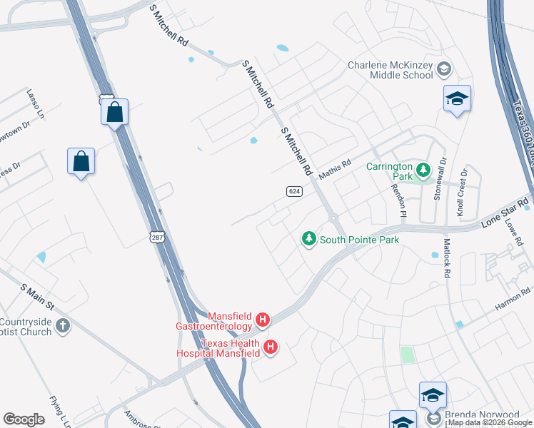 map of restaurants, bars, coffee shops, grocery stores, and more near 2413 High Bluff Drive in Mansfield