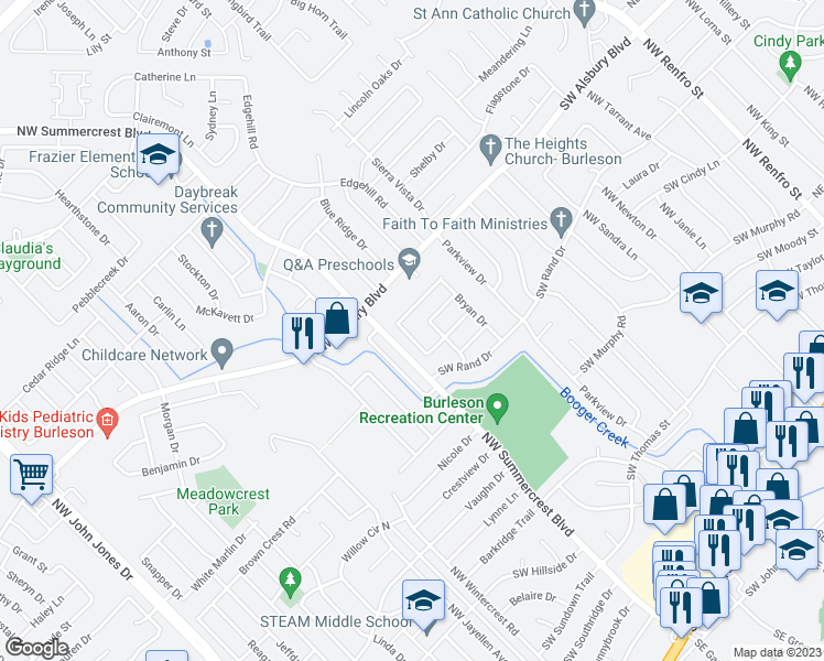 map of restaurants, bars, coffee shops, grocery stores, and more near 744 Tanglewood Drive in Burleson