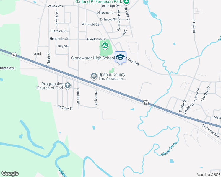 map of restaurants, bars, coffee shops, grocery stores, and more near 2109-2297 West Upshur Avenue in Gladewater