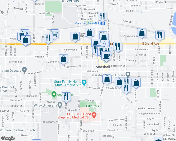 map of restaurants, bars, coffee shops, grocery stores, and more near 114 South Fulton Street in Marshall