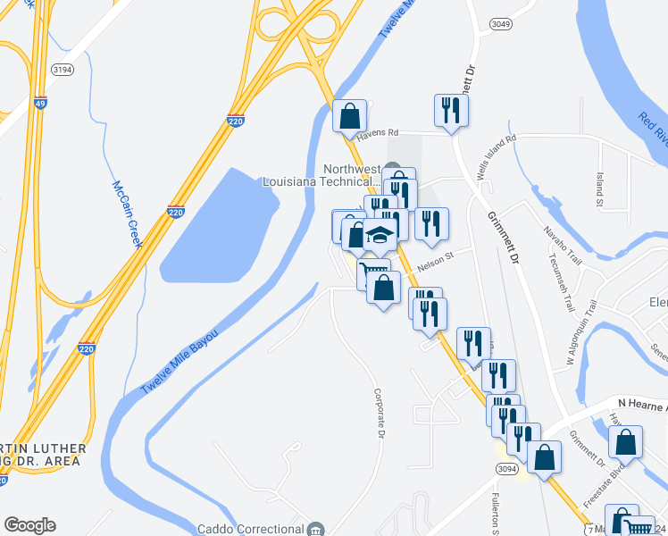 map of restaurants, bars, coffee shops, grocery stores, and more near 3101 Kitty Lane in Shreveport