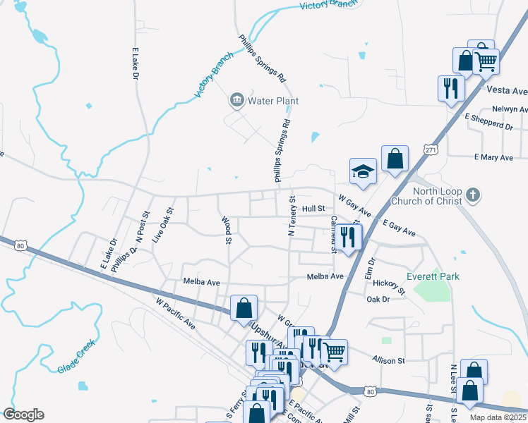 map of restaurants, bars, coffee shops, grocery stores, and more near 503 Jeanette Avenue in Gladewater