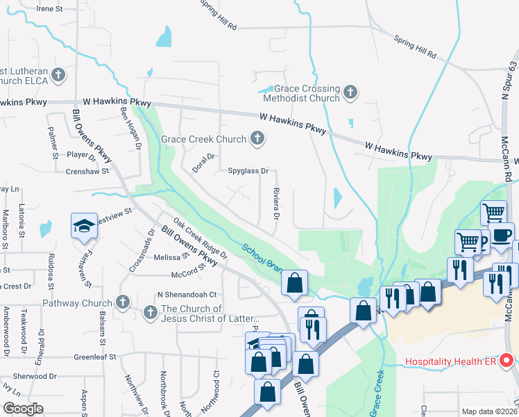 map of restaurants, bars, coffee shops, grocery stores, and more near Olympic Drive in Longview