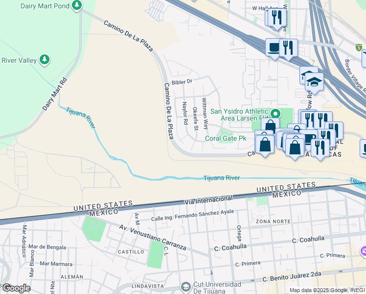map of restaurants, bars, coffee shops, grocery stores, and more near 3699 Camino De La Plaza in San Diego