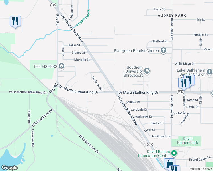 map of restaurants, bars, coffee shops, grocery stores, and more near 4715 Hilry Huckaby III Avenue in Shreveport