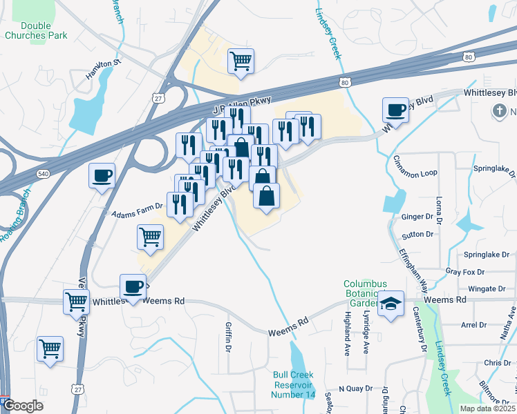 map of restaurants, bars, coffee shops, grocery stores, and more near 5550 Whittlesey Boulevard in Columbus