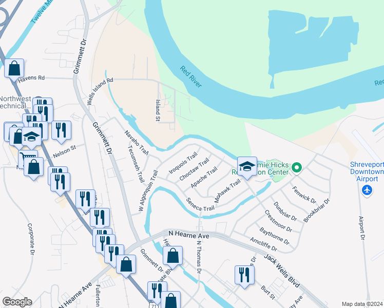 map of restaurants, bars, coffee shops, grocery stores, and more near 414 Iroquois Trail in Shreveport