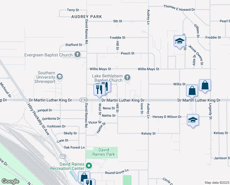 map of restaurants, bars, coffee shops, grocery stores, and more near 1920 Hill Street in Shreveport