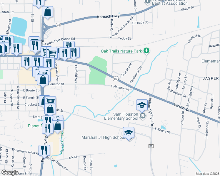 map of restaurants, bars, coffee shops, grocery stores, and more near 2518 East Houston Street in Marshall