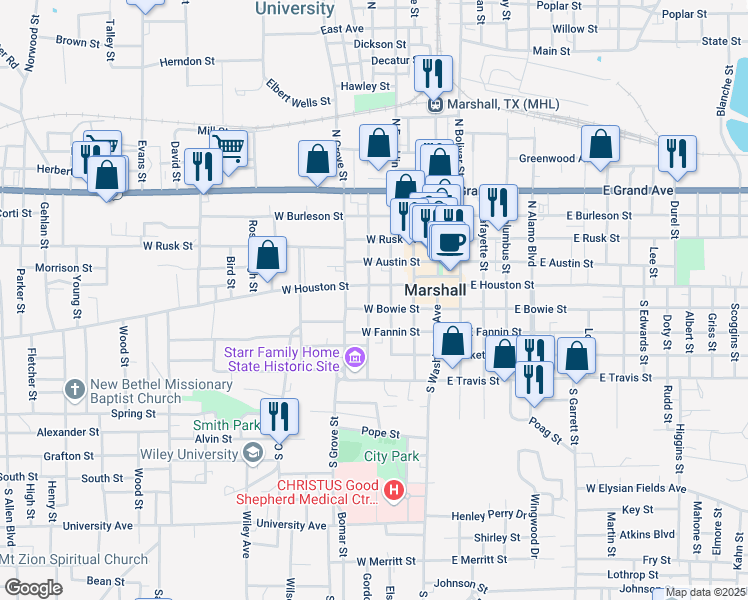 map of restaurants, bars, coffee shops, grocery stores, and more near 201 South Franklin Street in Marshall