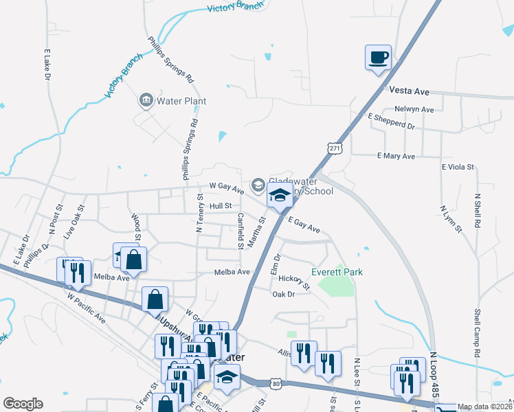 map of restaurants, bars, coffee shops, grocery stores, and more near 814 Martha Drive in Gladewater