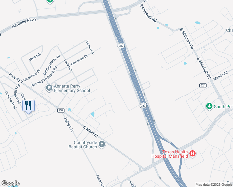 map of restaurants, bars, coffee shops, grocery stores, and more near 27 Willow Bend Court in Mansfield