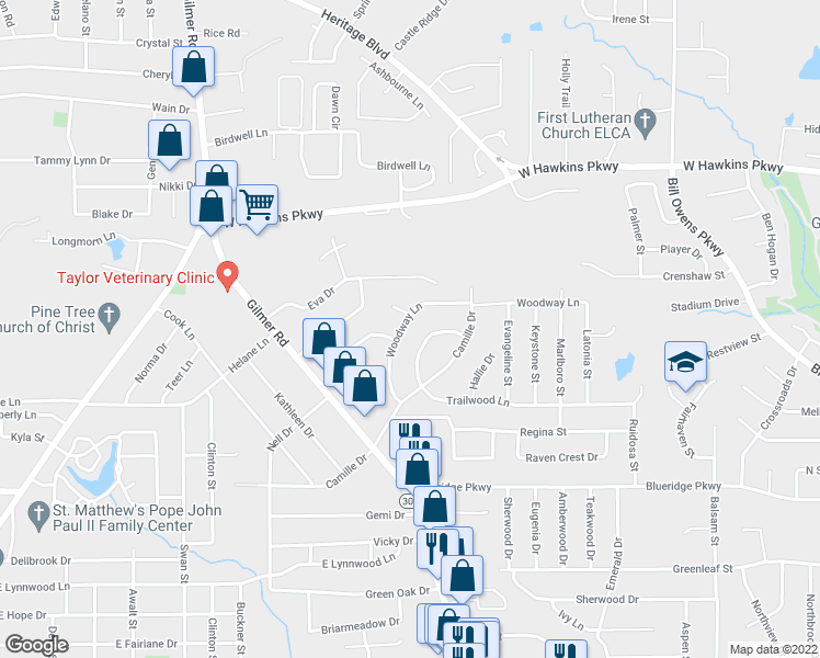 map of restaurants, bars, coffee shops, grocery stores, and more near 202 Woodway Lane in Longview