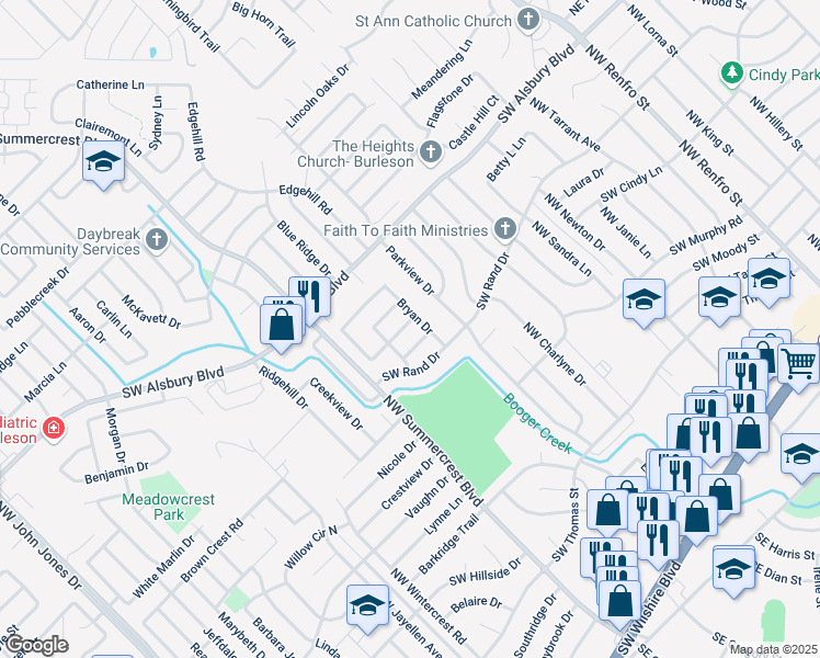 map of restaurants, bars, coffee shops, grocery stores, and more near 555 Shamrock Drive in Burleson