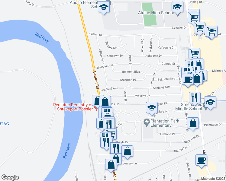 map of restaurants, bars, coffee shops, grocery stores, and more near 2306 Ashland Avenue in Bossier City