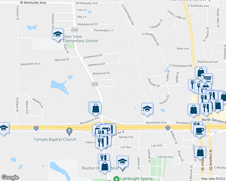 map of restaurants, bars, coffee shops, grocery stores, and more near 1054 Cassidy Lane in Ruston
