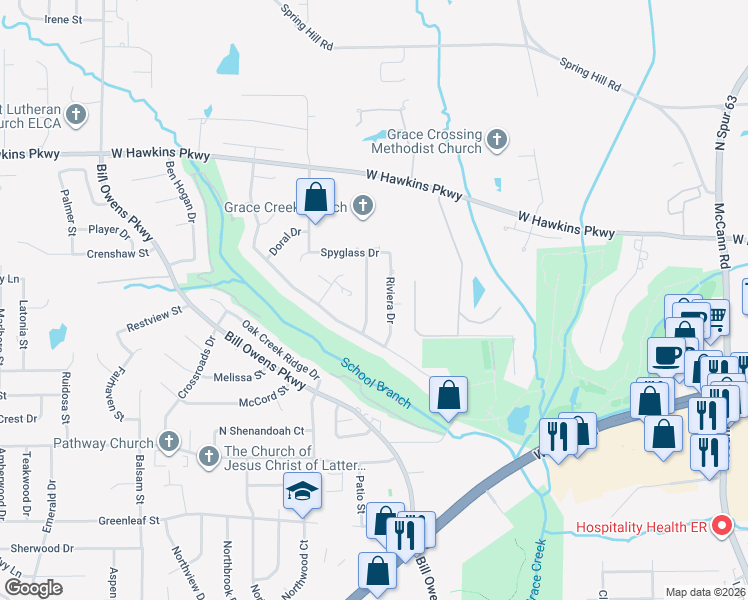 map of restaurants, bars, coffee shops, grocery stores, and more near 1605 Olympic Drive in Longview