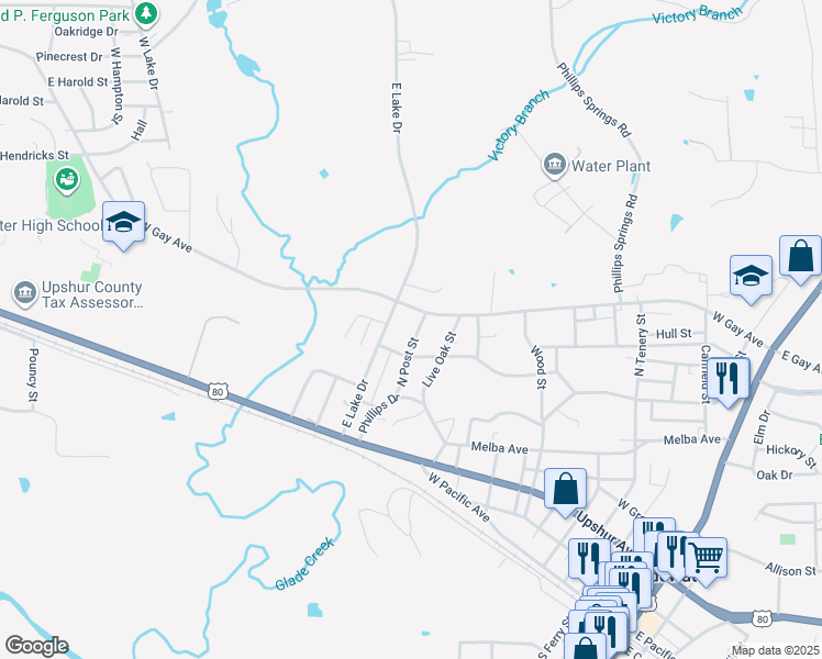 map of restaurants, bars, coffee shops, grocery stores, and more near 609 North Post Street in Gladewater