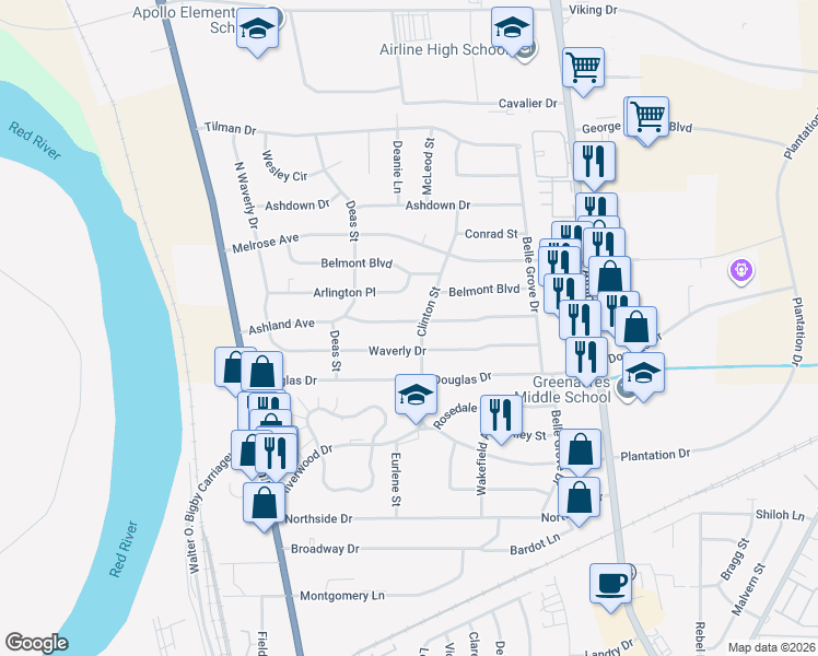 map of restaurants, bars, coffee shops, grocery stores, and more near 2422 Ashland Avenue in Bossier City