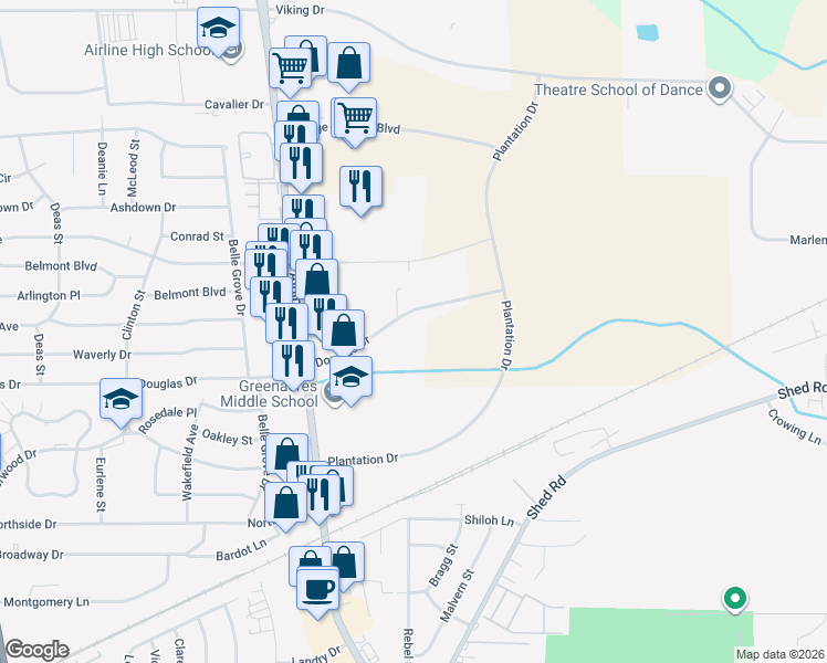 map of restaurants, bars, coffee shops, grocery stores, and more near 2900 Douglas Drive in Bossier City
