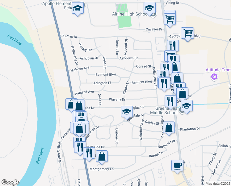 map of restaurants, bars, coffee shops, grocery stores, and more near 2416 Ashland Avenue in Bossier City