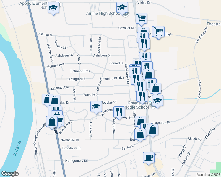 map of restaurants, bars, coffee shops, grocery stores, and more near 2512 Ashland Avenue in Bossier City