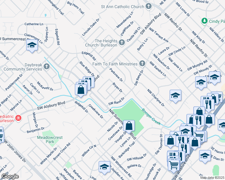 map of restaurants, bars, coffee shops, grocery stores, and more near 725 Sandgate Drive in Burleson